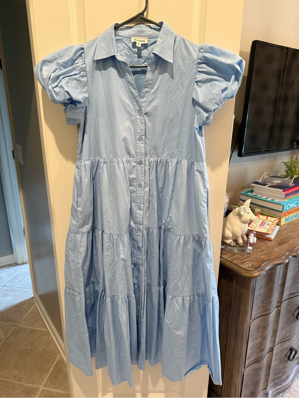 Light Blue Tiered Maxi Dress with Puff Sleeves
